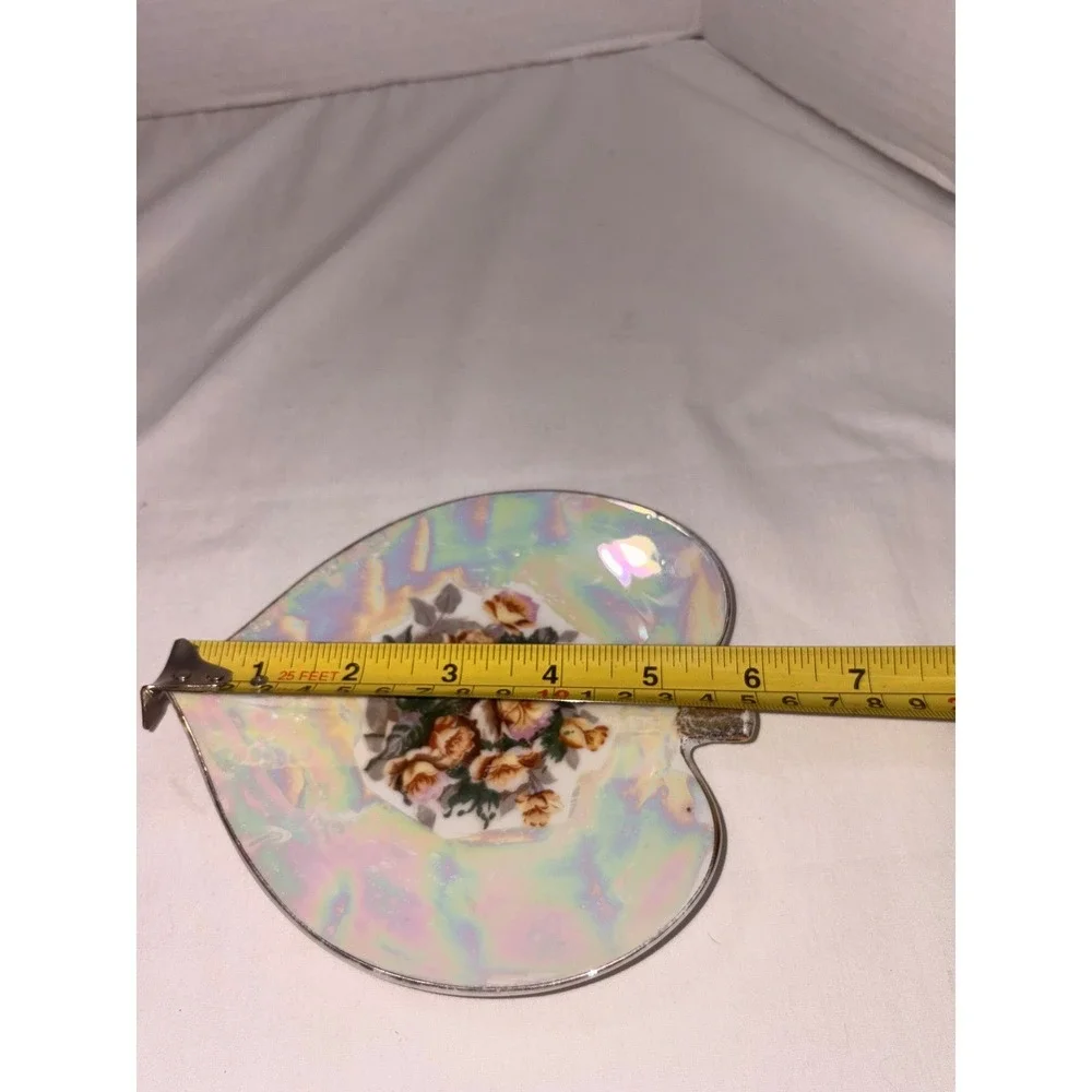 Japan Lusterware Heart Leaf Floral Porcelain Trinket Dish‎ Iridescent Vintage